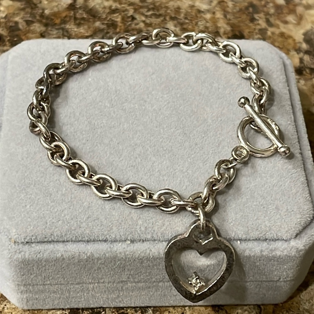 925 Sterling Silver Open Heart with ZC Stone Charm  Bracelet♥️